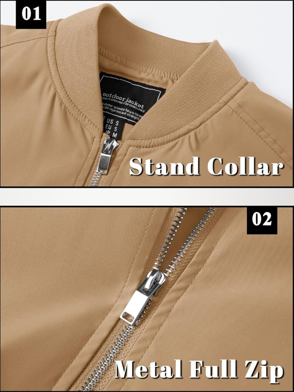 Men's Khaki Polyester Full Zipper Stand Collar Pockets Windbreaker Bomber Jacket - Picture 5 of 6